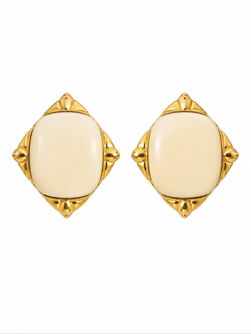 Vtg 1970s Cream Enamel Goldtone Large Diamond Square Earrings